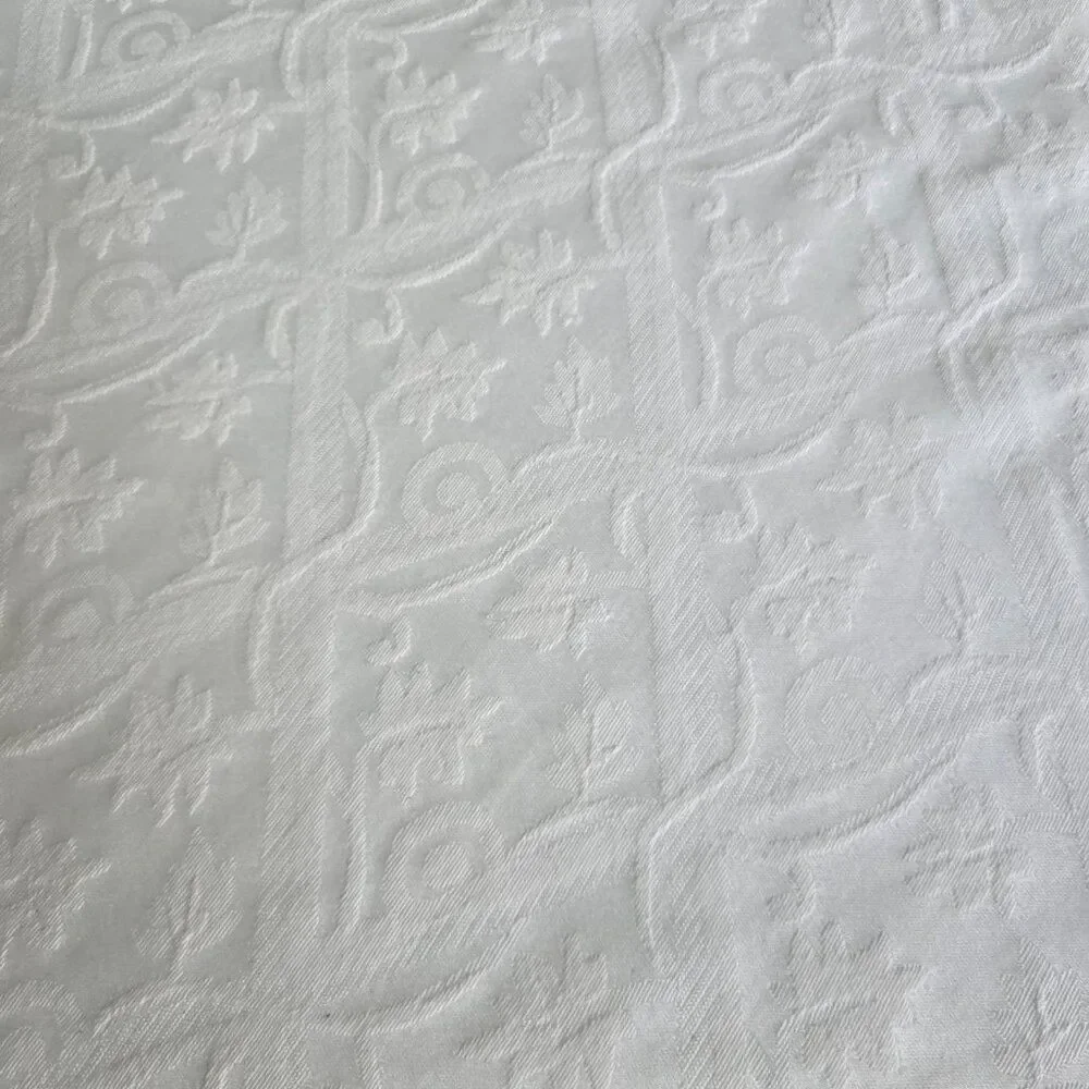 Vintage Handmade Tablecloth Textured Fabric Beige Rounded Oblong 89” x 68”